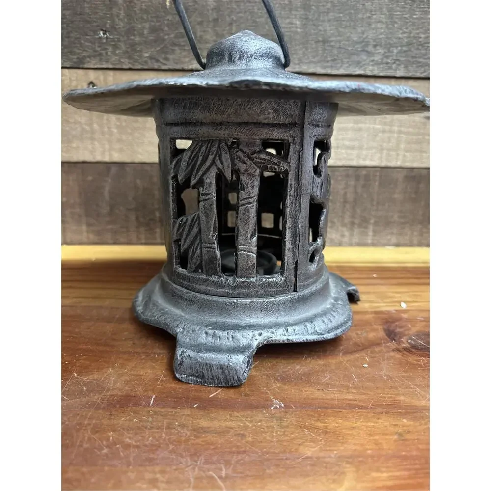 Vintage Japanese Lantern Garden Lamp Birds Bamboo Motif Candle Pagoda Metal